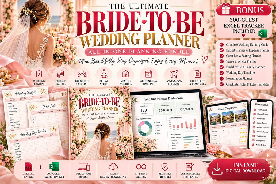 Ultimate Bride-to-Be Wedding Planner Bundle | 300-Guest Excel Tracker, Wedding Budget, Guest List, Vendor & Timeline Planner | Digital Download